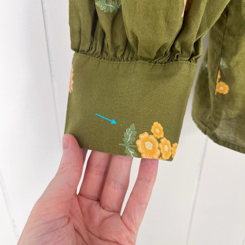 Loft Outlet Floral Button Down Blouse Balloon Sleeve Fall Boho Size Medium Green - Picture 6 of 15